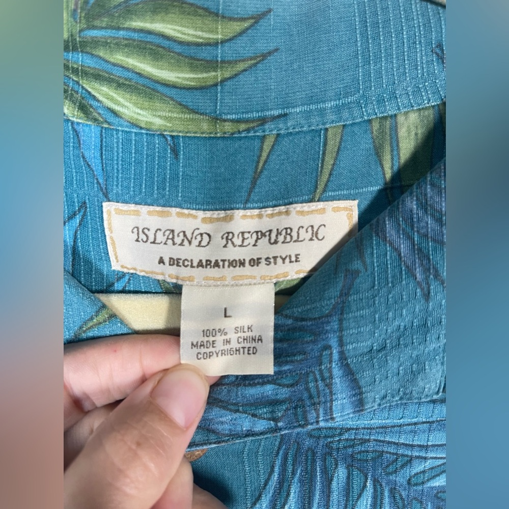 Island Republic Mens Large 100% Silk Blue Green Tropical Leaf Short Sleeve Shirt - Picture 10 of 10